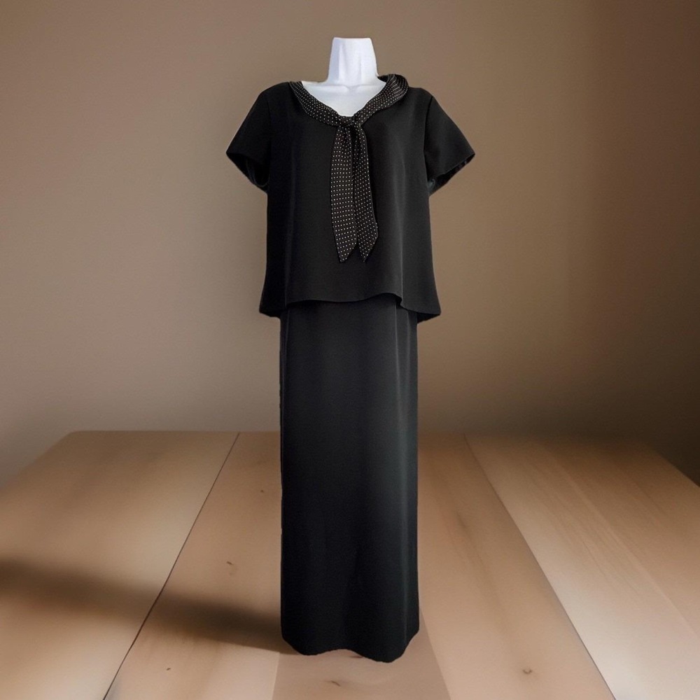 Vintage 80s Column Dress‎ Black 16 Polka Dot Tie Neck Two Piece Minimalist Boxy